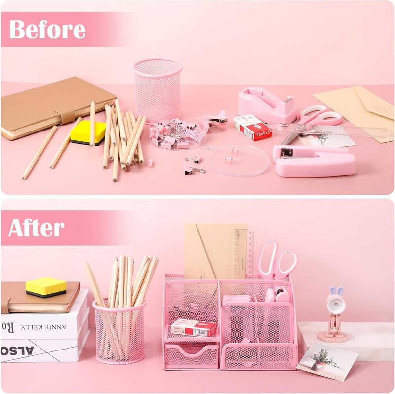 AuraRay Pink Desk Organizers and Accessories, Pink Office Supplies Include Mesh Desk Organizer, Tape Dispenser, Stapler, 1000 Staples, Staple Remover, Pen Holder, Clips Set, Ruler, Scissors - Image 5